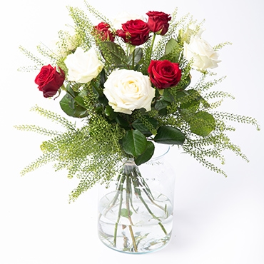 Bouquet de roses rouges et blanches longues tiges